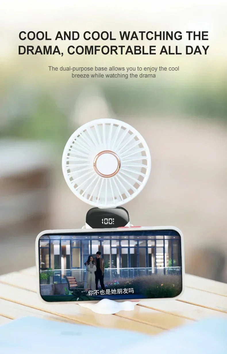5-Speed Foldable Neck Fan with Phone Stand – USB-C Rechargeable Mini Fan, 1800mAh Battery & Display Screen for Hands-Free Cooling
