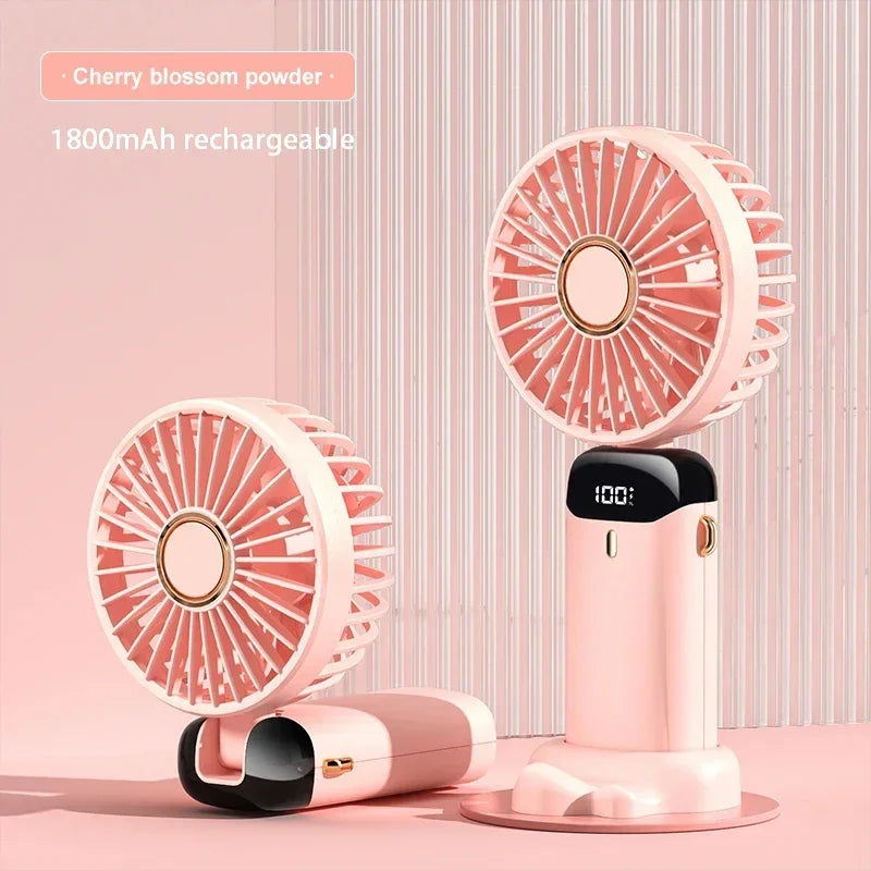 5-Speed Foldable Neck Fan with Phone Stand – USB-C Rechargeable Mini Fan, 1800mAh Battery & Display Screen for Hands-Free Cooling