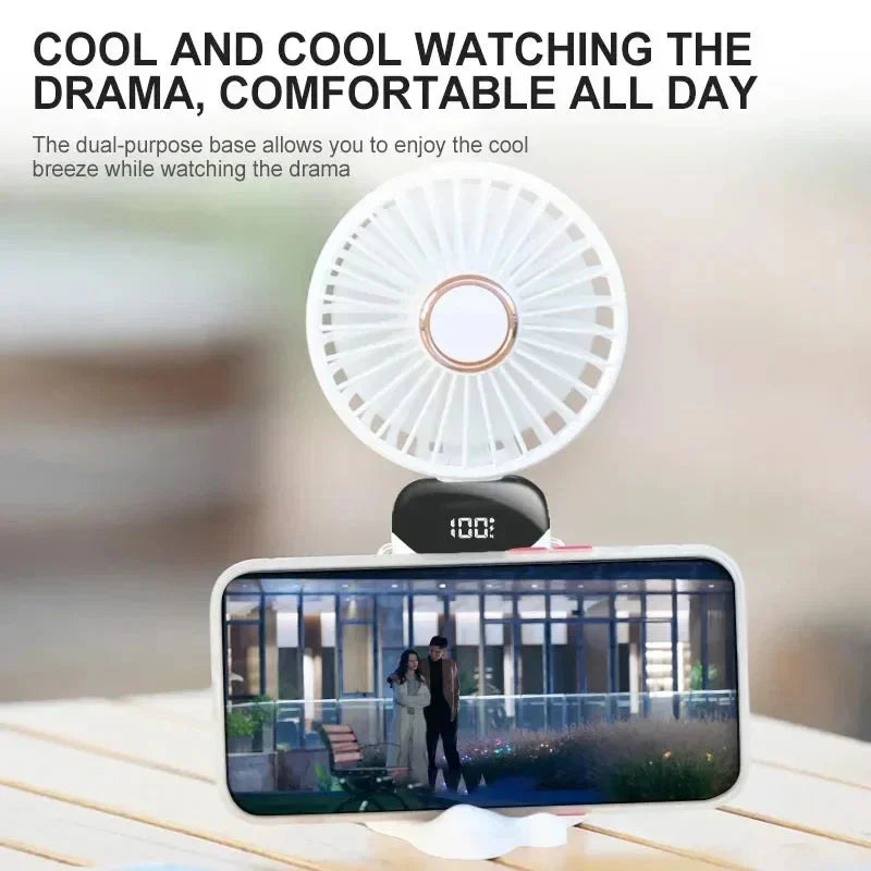 5-Speed Foldable Neck Fan with Phone Stand – USB-C Rechargeable Mini Fan, 1800mAh Battery & Display Screen for Hands-Free Cooling