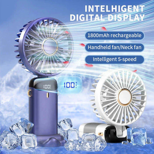 5-Speed Foldable Neck Fan with Phone Stand – USB-C Rechargeable Mini Fan, 1800mAh Battery & Display Screen for Hands-Free Cooling